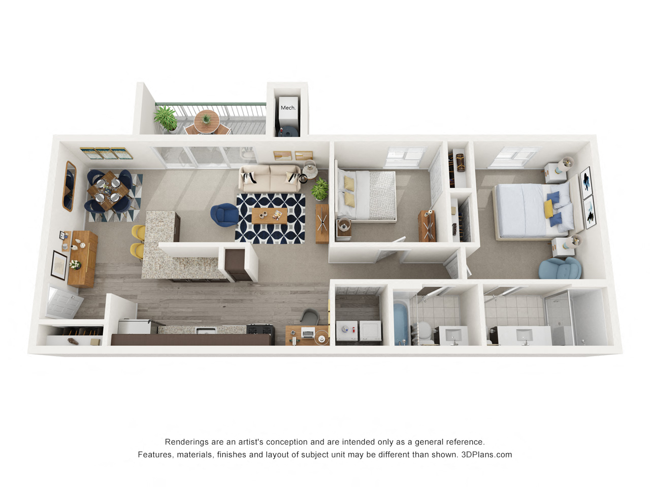 Floor plan for 2 beds, 2 baths, 1015 sqft